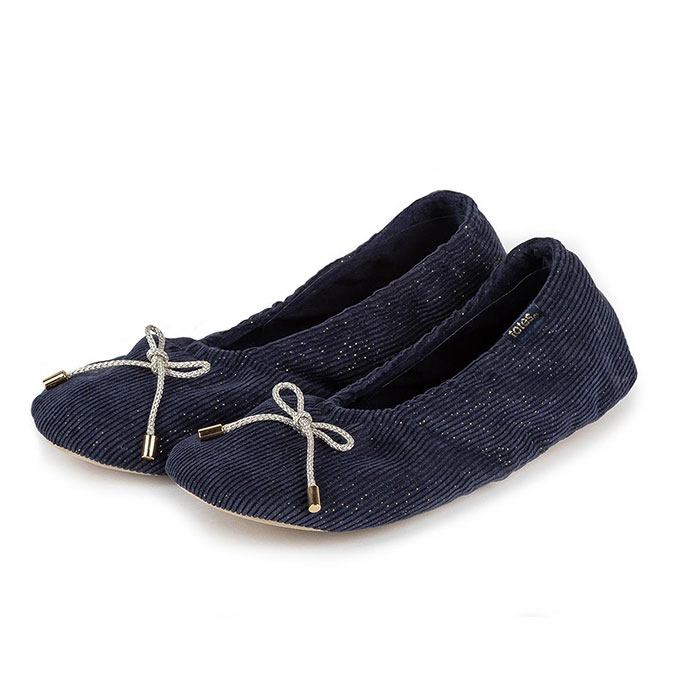 totes Ladies Stretch Velour Ballet Slipper with Bow Navy Extra Image 2